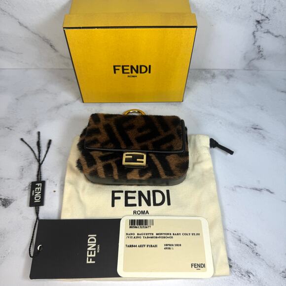 Fendi Zucca Shearling Baguette Charm Nano FF 2022 Crossbody Mini Bag Gold Chain - Picture 2 of 14